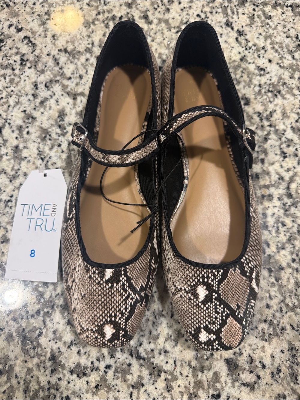 Time and Tru Beige Snake-Print Mary Jane Flats with Ankle Strap